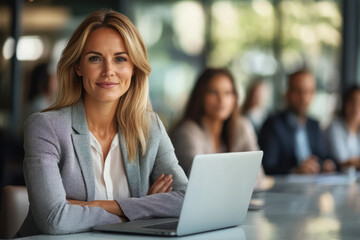 Professional woman confidently seated at a modern conference table, engaged in a meeting with colleagues in a bright, collaborative office environment