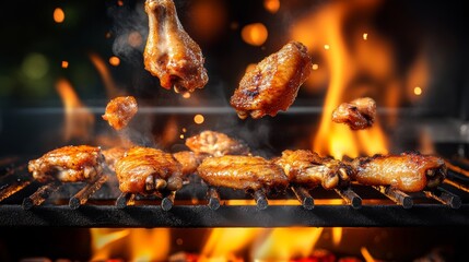 Plate of chicken wings is cooking on a grill. The wings are brown and crispy, and they are flying through the air