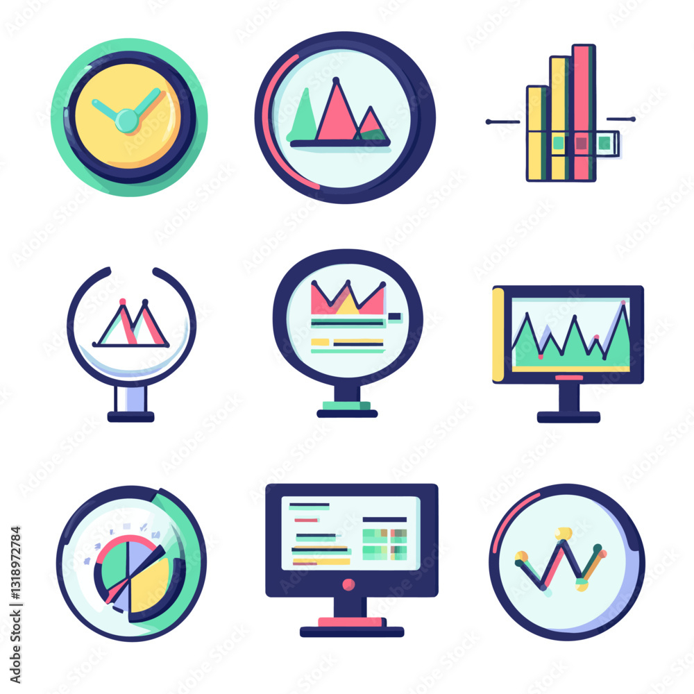 Poster business analysis data visualization graphs clock chart monitor icons