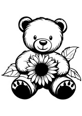 Teddy Bear with sunflowers illustration, Cute vector animal toy, Gift idea, printable, engrave laser, digital prints