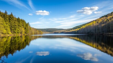 Tranquil Forest and Serene Lake with Perfect Reflections in a Calm and Peaceful Natural Landscape, Surrounded by Lush Green Trees and Clear Blue Sky.