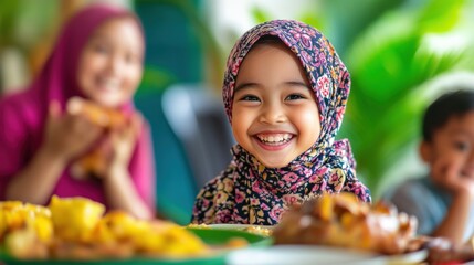 Happy Muslim girl smiling during family mealtime