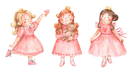 Cute little girls in pink dresses. Watercolor cartoon illustrations of three princesses isolated on white background. Hand-drawn children  birthday greeting card template 