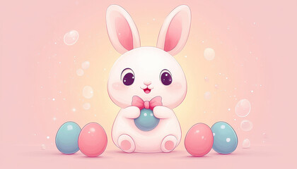 Adorable Easter bunny with cute bow, surrounded by colorful eggs, radiating joy and playfulness. Perfect for festive celebrations and springtime themes