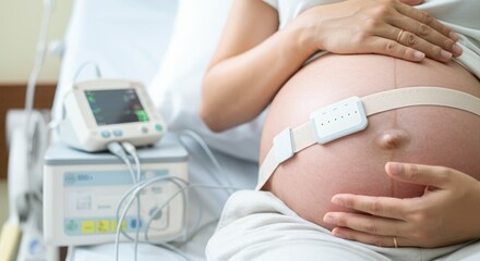 Pregnant woman with monitoring device on hospital bed