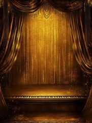 Luxurious Golden Stage with Piano, Symbolizing Elegance and Performance, Ideal for Music Events, Theater Posters, and Concert Ads