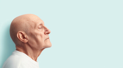 elderly man with bald head and contemplative expression, gazing thoughtfully to side against light blue background. His serene demeanor evokes sense of wisdom and reflection