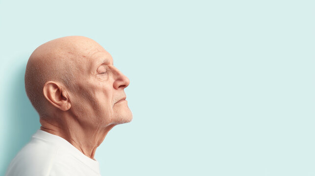 elderly man with bald head and contemplative expression, gazing thoughtfully to side against light blue background. His serene demeanor evokes sense of wisdom and reflection