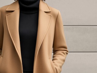 A stylish individual wearing a camel-colored coat over a black turtleneck, showcasing a modern and sophisticated look.