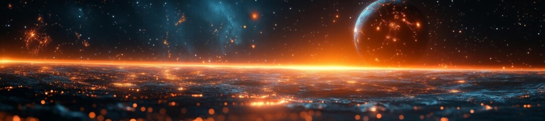 Distant cosmic horizon with planets and a glowing digital surface. Generative AI