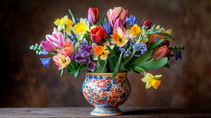 A colorful vase filled with flowers sits on a table. The flowers are a mix of yellow, pink, and purple, and they are arranged in a way that creates a sense of harmony and balance