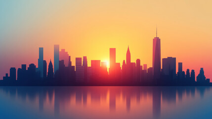 Obraz premium vibrant city skyline at sunset, showcasing silhouettes of skyscrapers against colorful sky. reflection on water adds serene touch to urban landscape