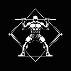 Muscular Man Lifting Barbell in Geometric Frame, Strength and Fitness Focus