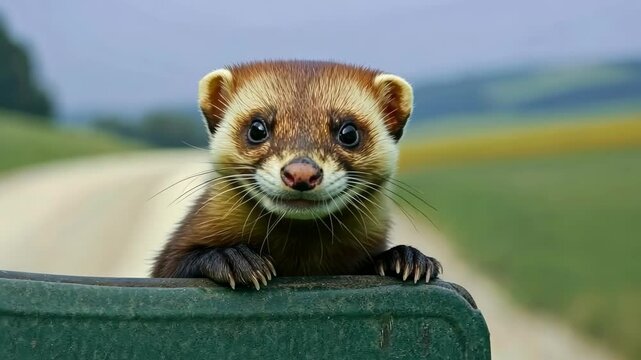 European polecat on a countryside path gazing curiously