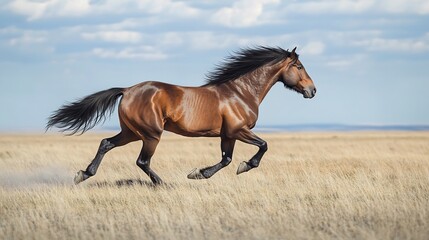 Obraz premium Powerful Tarpan Equus ferus ferus extinct galloping through a windswept steppe under a wide open sky its dark mane flowing in the breeze
