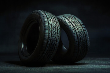 Car tires on dark background, selling tires, tire store banner	
