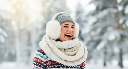 Obraz premium Woman wearing winter clothing, laughing outdoors in snowy forest