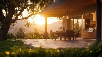 Obraz premium Elegant home with patio and outdoor kitchen under soft sunset glow, serene and inviting atmosphere. 