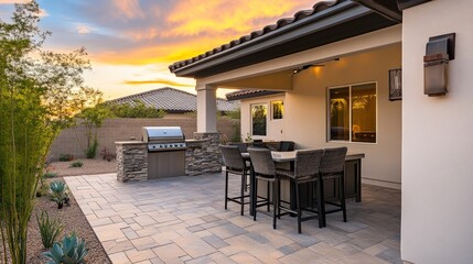 Fototapeta premium Elegant home with patio and outdoor kitchen under soft sunset glow, serene and inviting atmosphere. 