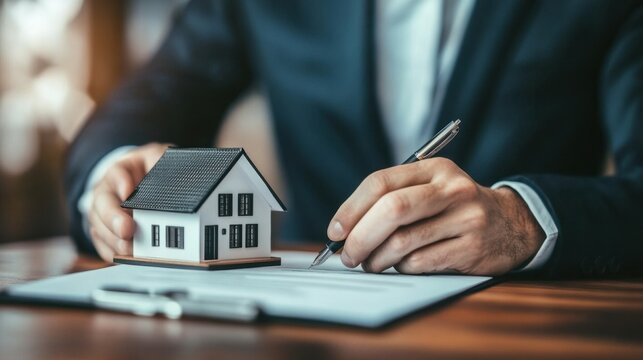 Hombre firmando documentos con modelo de casa