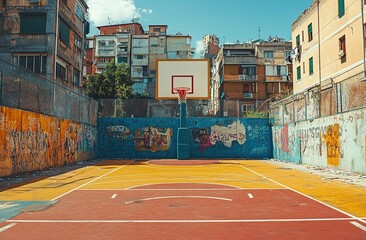 An empty basketball court in an Italian city, with graffiti on the walls and buildings in the background