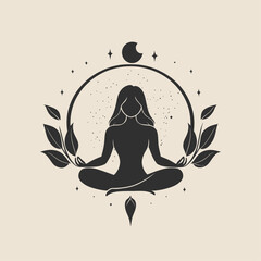 Woman meditating in lotus position with moon, stars, and botanical elements