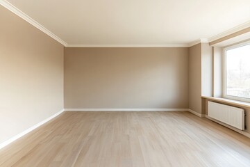 Fototapeta premium Modern apartment interior design, dining room with table and chairs, empty living room with beige wall.