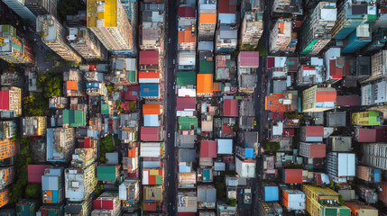 Fototapeta premium Aerial view of colorful urban cityscape with varied building rooftops