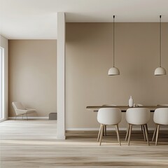 Modern apartment interior design, dining room with table and chairs, empty living room with beige wall.