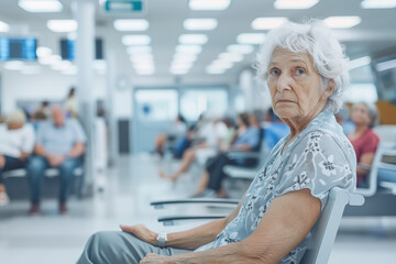 Elderly woman sitting alone in a busy waiting area in a hospital or healthcare facility