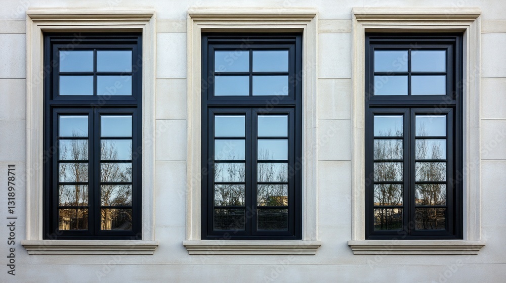 Aufkleber black-framed windows create a striking visual against a light-colored wall, reflecting a calm outdoo
