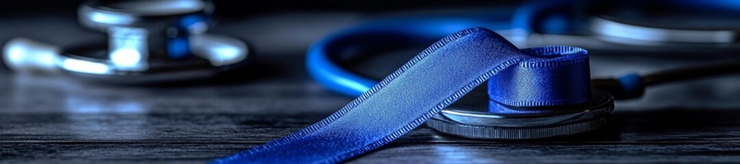 Close-up of a blue ribbon representing cancer awareness with a stethoscope in the background. Generative AI