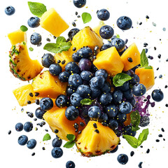 Fresh Blueberries Papaya and Pineapple Flying in Fruit Isolated on Transparent Background