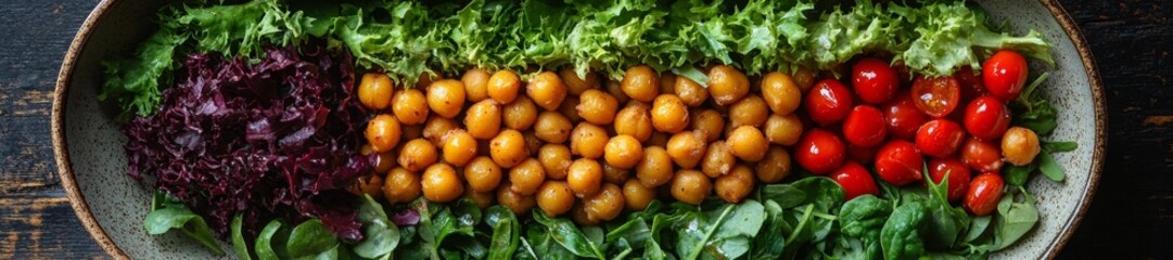 A colorful salad with chickpeas tomatoes and a variety of fresh greens. Generative AI