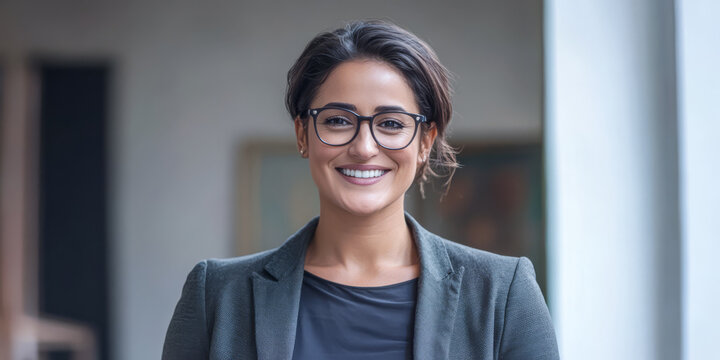 Smiling professional woman in office setting engaging with confidence and approachability