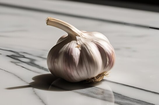 An extreme close-up of one garlic on the table