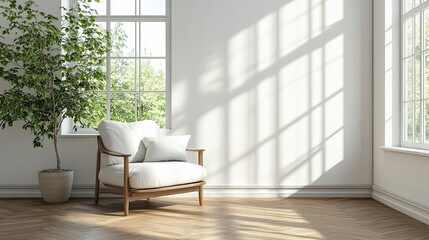 Fototapeta premium Modern living room with white armchair and wooden floor on white wall. big windows. sunlight falls.