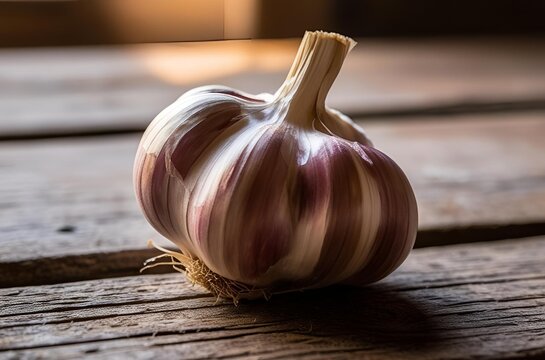 An extreme close-up of one garlic on the table