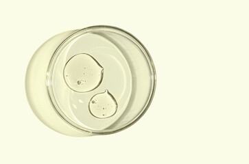 A skin serum or body gel or a drop of oil in a petri dish.