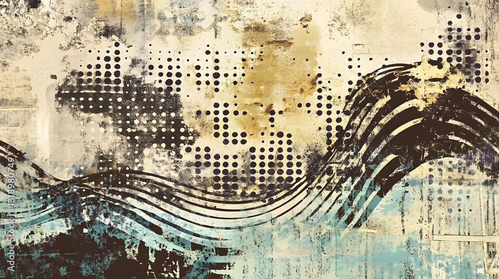 Poster mesmerizing abstract landscape with swirling waves and glitchy digital textures