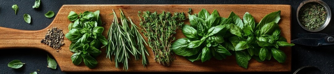 Herbs and Spices Ready for Cooking on a Wooden Board. Generative AI