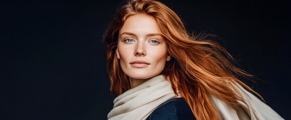 Beautiful woman with flowing red hair wearing a light scarf against a dark background