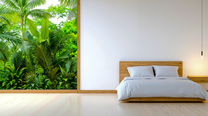 A bedroom with a bed and a wall mural of a tropical garden
