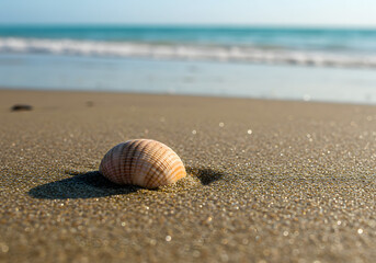 A close-up of a seashell embedded in wet sand at low tide.