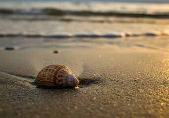 A close-up of a seashell embedded in wet sand at low tide.