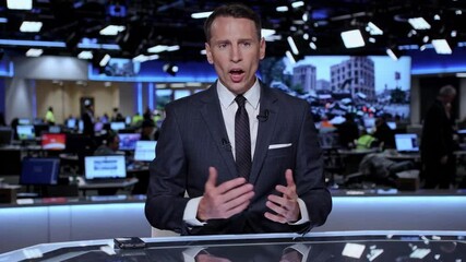 News anchor presents updates from the newsroom during a live broadcast