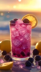 blackberry lemonade cocktail in a glass on the beach