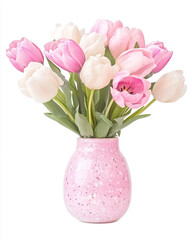 Elegant Bouquet of Pink and White Tulips Arranged in a Speckled Ceramic Vase on a White Background