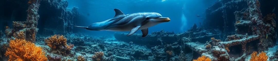Fototapeta premium Dolphin Gliding Through Shipwrecks with Coral Growth and Sea Life. Generative AI