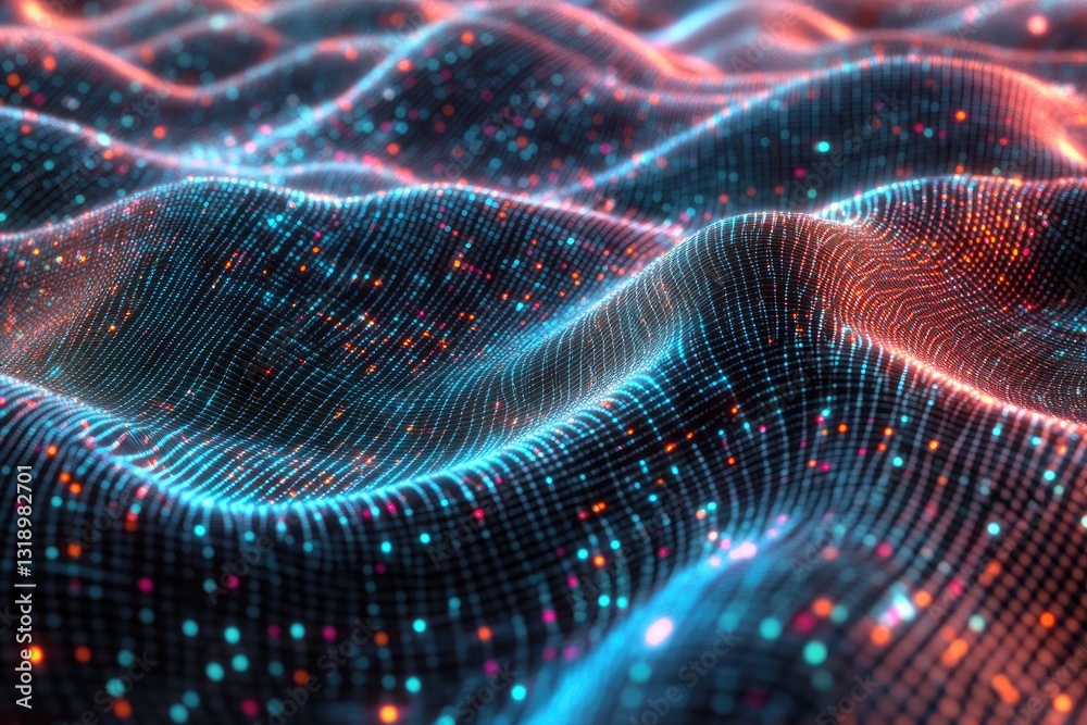 Poster abstract digital wave of glowing particles. a dynamic display of interconnected points forming undul